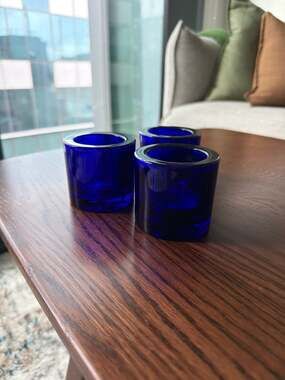 Set of 3 Iittala Marimekko Kivi Cobalt Blue Glass Tealight Candle Holders